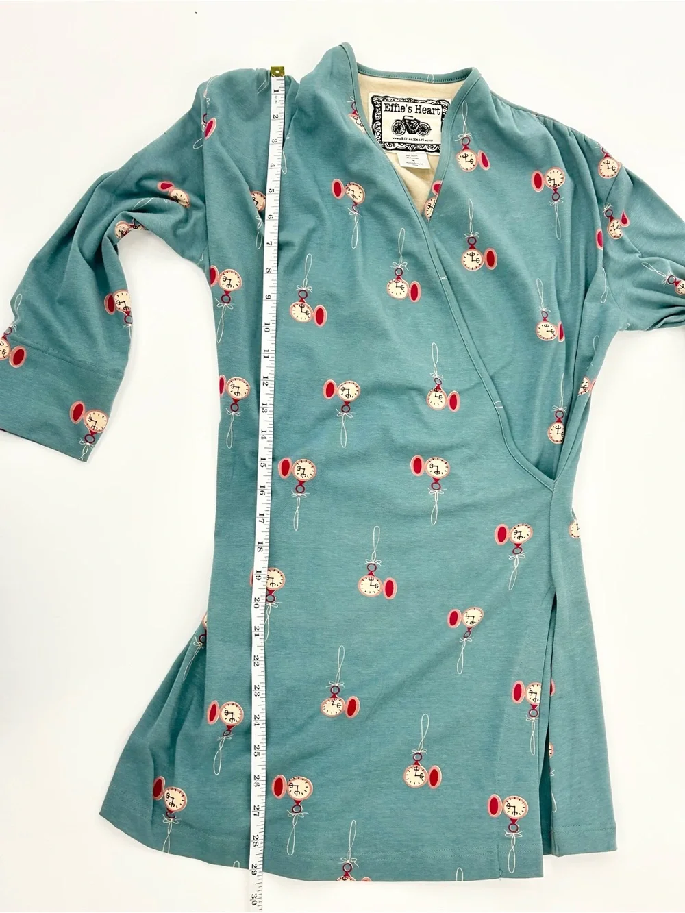 Effie’s Heart Pocket Watch Print Tunic Mini Dress M Teal Retro Cotton Stretch